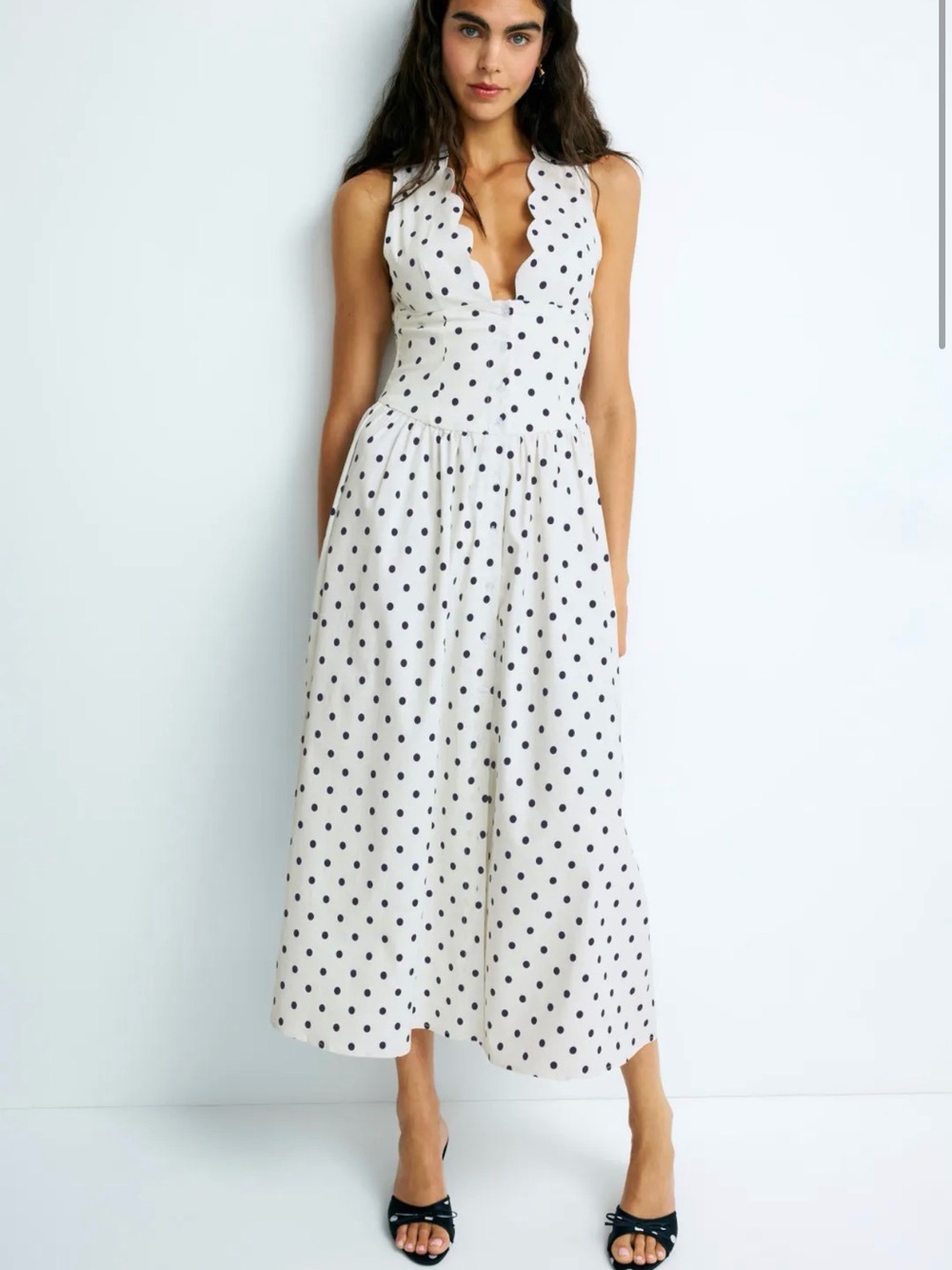 WEWOREWHAT Polka Dot Scalloped V-Neck Midi Dress in White and Black